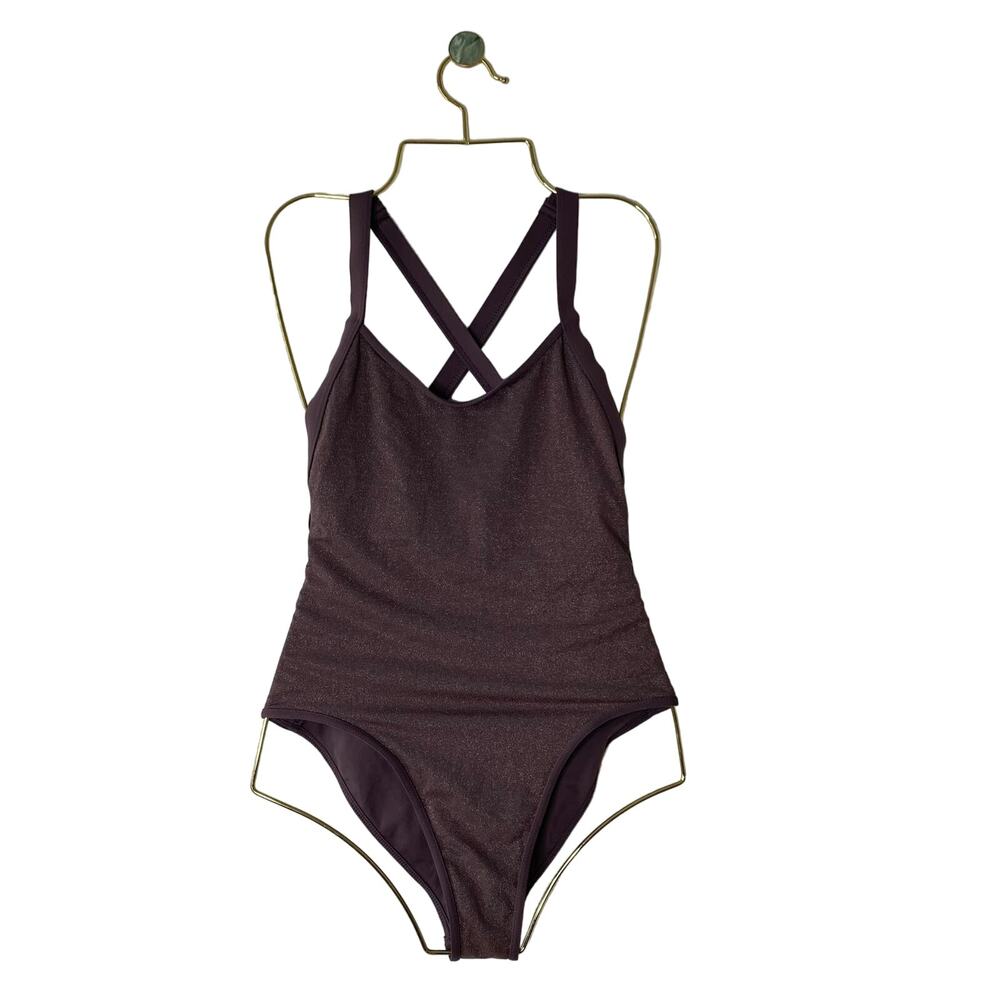 L*SPACE Purple Shimmer Criss Cross Low Back One Piece Swimsuit